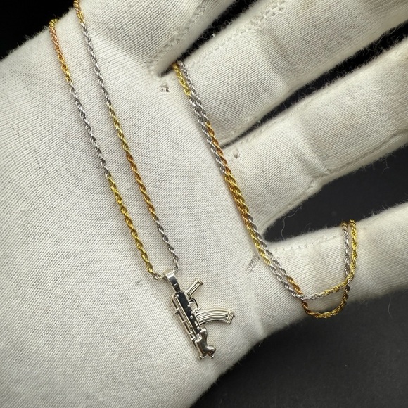 None Other - 20” Tri-Gold Plated Sterling Silver Rope Chain w/ “Draco” Gun Pendant Necklace